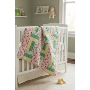 Vintage Patchwork Quilt 36x36 Pink Green Balloon Print Cottagecore